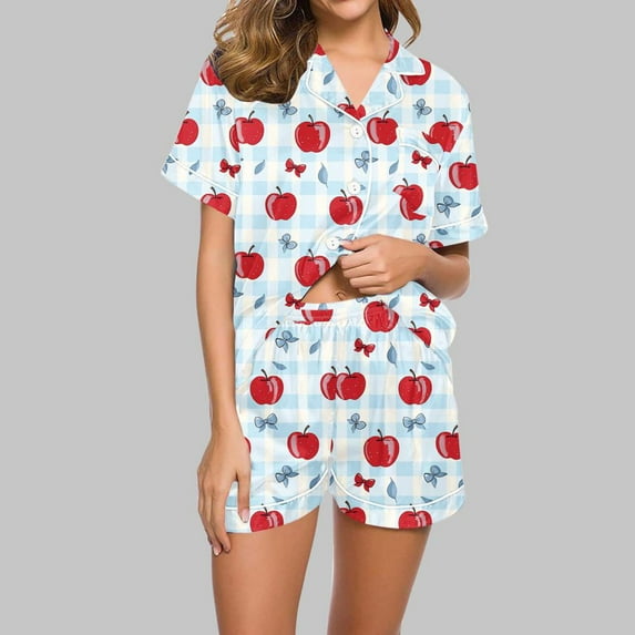 Bxsruta Pajamas Set for Women, Women's Sleepwear Sets Fruit Printed Short Sleeve Blouse and Shorts, Casual Elastic Waist Pajama Outfit