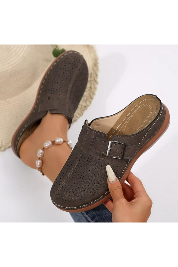 Perforated Closed-Toe Mules with Buckle Strap, Breathable Casual Shoes for Women, Arch-Support Summer Footwear