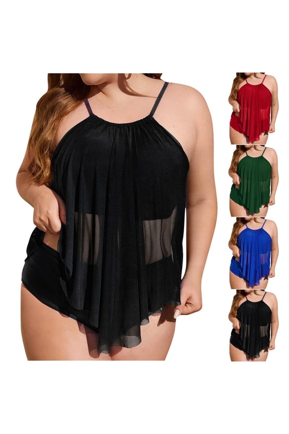 Plus Size Tankini Swimsuits for Women with Tummy Control Mesh Two Piece Bathing Suits Long Torso Swimwear 1X 2X 3X 4X 5X