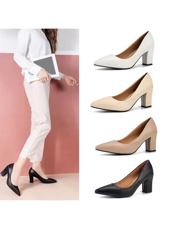 Pointed Toe Block Heel Pumps for Women, PU Leather Comfort Dress Heels for Office & Daily Wear