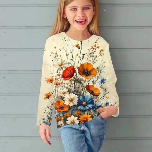 Bxsruta Pullover for Kids, Fashion Graphic Print Long Sleeve Pullover Top, Crew Neck Cotton Shirt