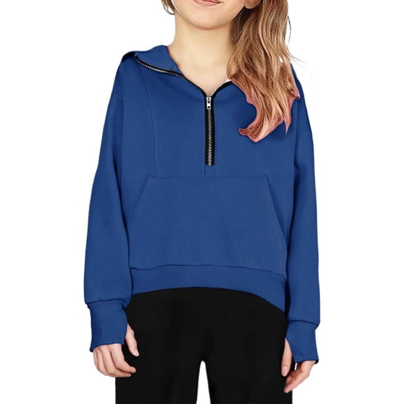 Bxsruta Pullover for Kids, Kids Clothes Girls' Half-zip Solid Color Thumb Buckle Long-sleeved Hooded Sweatshirt