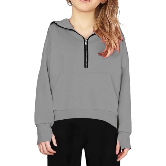 Bxsruta Pullover for Kids, Kids Clothes Girls' Half-zip Solid Color Thumb Buckle Long-sleeved Hooded Sweatshirt