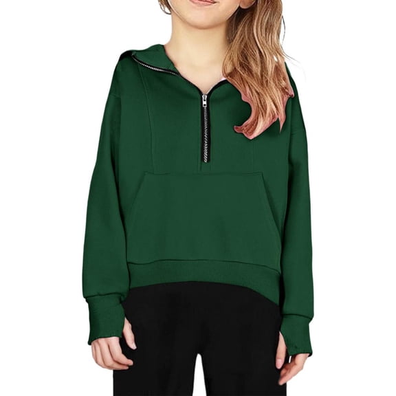 Bxsruta Pullover for Kids, Kids Clothes Girls' Half-zip Solid Color Thumb Buckle Long-sleeved Hooded Sweatshirt