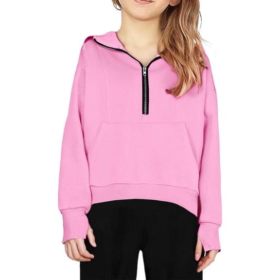 Bxsruta Pullover for Kids, Kids Clothes Girls' Half-zip Solid Color Thumb Buckle Long-sleeved Hooded Sweatshirt