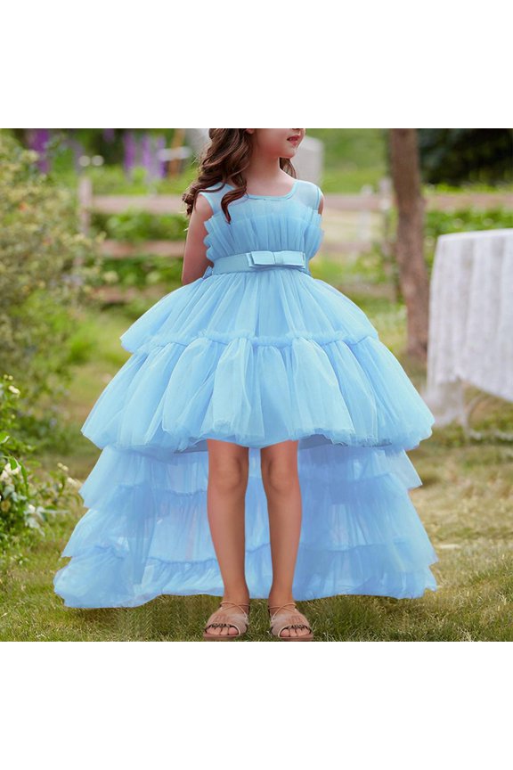 Red Tiered Tulle Pageant Gown with Train, Round-Neck Performance Dress for Ceremonies & Stage Events