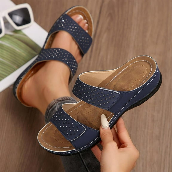 Bxsruta Rhinestone-Adorned Slip-On Sandals with Two-Strap Design, Cushioned Arch Support for Women's Spring/Summer Fashion