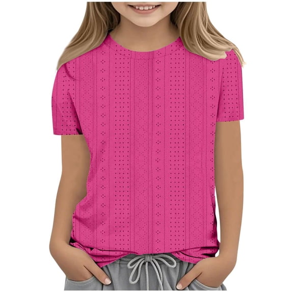 Bxsruta Shirts for Kids, Solid Color Girls' Embroidered Short Sleeve Top, Crewneck Lace Accent Blouse, Lightweight Comfortable Shirt