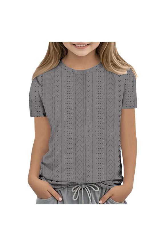 Shirts for Kids, Solid Color Girls' Embroidered Short Sleeve Top, Crewneck Lace Accent Blouse, Lightweight Comfortable Shirt