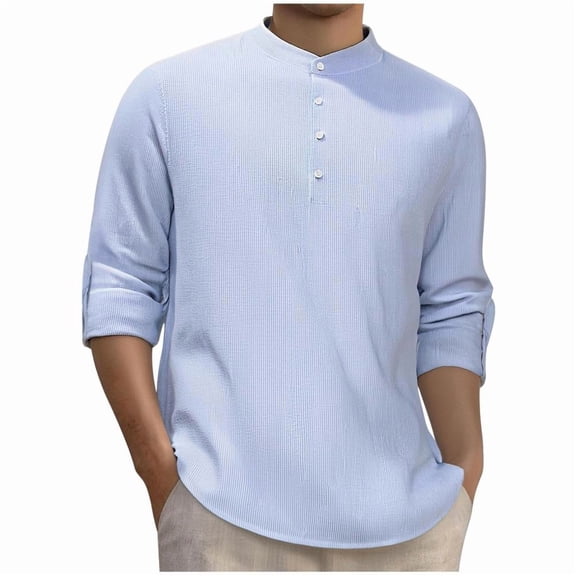 Bxsruta Shirts for Men, Linen-Blend Men's Striped Stand Collar Shirt Semi-Open Long Sleeve Relaxed Fit Lightweight Button Casual Beach Resort Wear