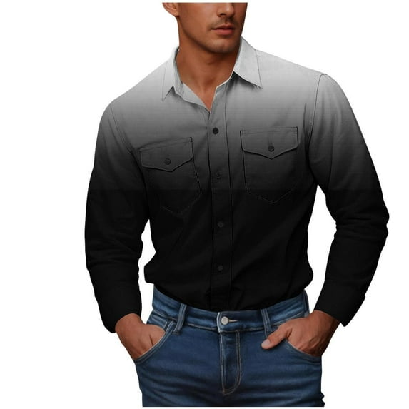 Bxsruta Shirts for Men, Men's Casual Gradient Print Workwear Style Button Down Long Sleeve Shirt Featuring Double Utility Chest Pockets & Turn Collar