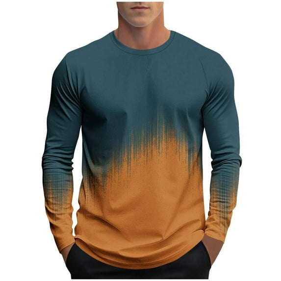 Bxsruta Shirts for Men, Men's Gradient Print Long Sleeve Crew Neck Shirt, Polyester Athletic Top