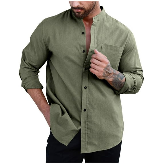 Bxsruta Shirts for Men, Men's Lightweight Polyester Stand Collar Cardigan Shirt with Front Pockets