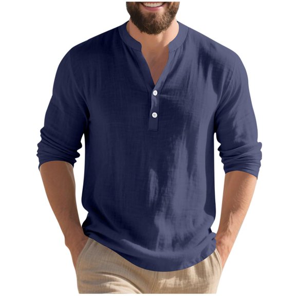Bxsruta Shirts for Men, Men's Shirts Solid Polyester Long Sleeve Button Down Round Neck Blouse Comfortable Knit Top