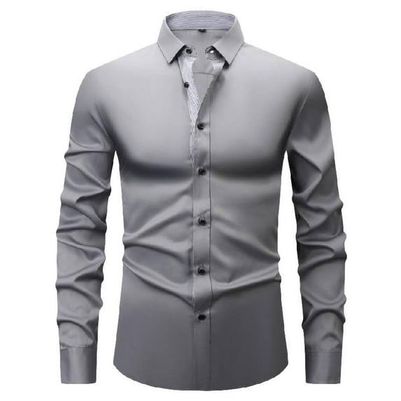 Bxsruta Shirts for Men, Men's Slim Fit Lightweight Business Shirt Long Sleeve Lapel Color Block Formal Polyester Spandex Work Attire