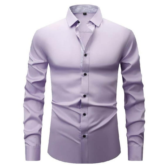 Bxsruta Shirts for Men, Men's Slim Fit Lightweight Business Shirt Long Sleeve Lapel Color Block Formal Polyester Spandex Work Attire