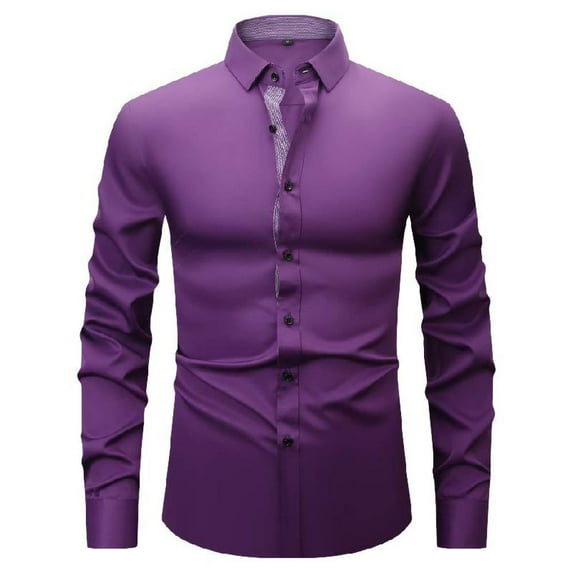 Bxsruta Shirts for Men, Men's Slim Fit Lightweight Business Shirt Long Sleeve Lapel Color Block Formal Polyester Spandex Work Attire