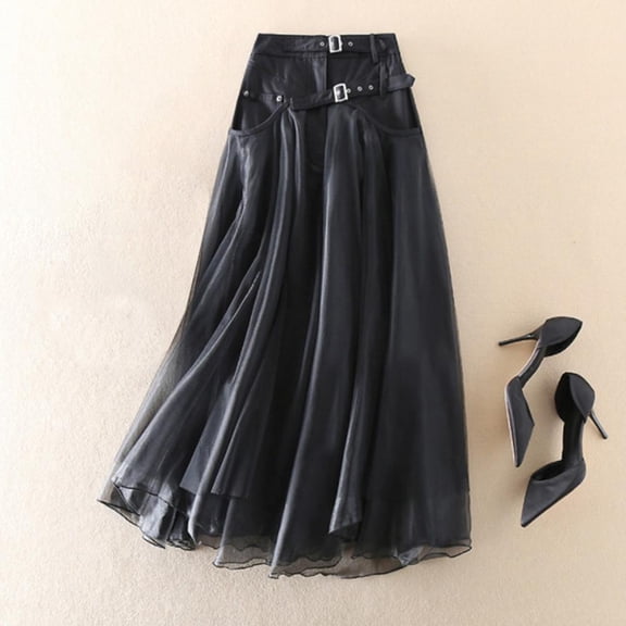 Bxsruta Skirts for Women, Korean Style Layered Mesh Patchwork High Waist Skirt, Flowy A-Line Tulle Midi Skirt