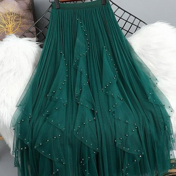 Bxsruta Skirts for Women, Women's Beaded Floral Mesh Skirt with High Elastic Waist, Flowy Multi-Layered Skirts