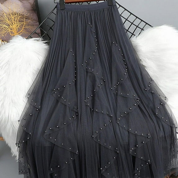 Bxsruta Skirts for Women, Women's Beaded Floral Mesh Skirt with High Elastic Waist, Flowy Multi-Layered Skirts