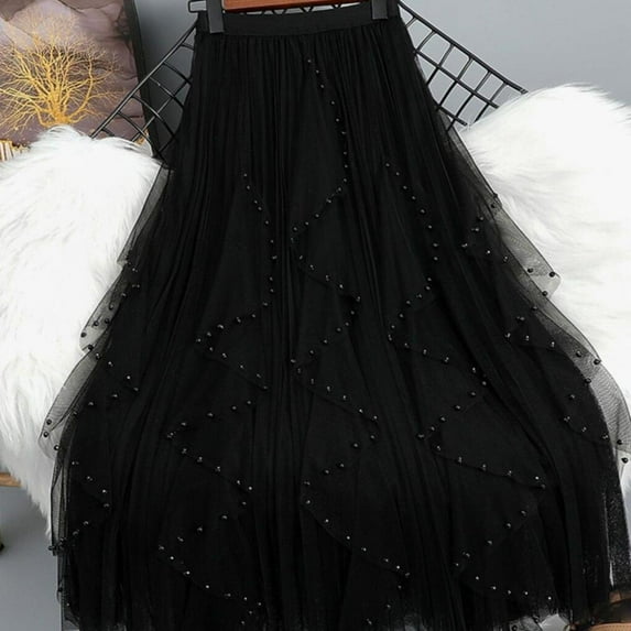 Bxsruta Skirts for Women, Women's Beaded Floral Mesh Skirt with High Elastic Waist, Flowy Multi-Layered Skirts