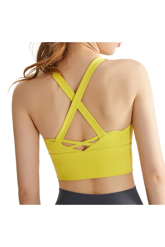Sports Bra for Women, Womens Longline Padded Crop Tank Yoga Bras, Workout Fitness Top Yellow M