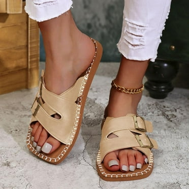 Bxsruta Strap-Design Casual Slip-On Sandals with Cushioned Footbed, Lightweight Women's Everyday Footwear