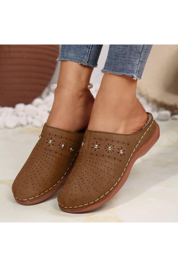 -Embellished Perforated Mules, Summer Casual Shoes for Women, Breathable Slip-On Beach Footwear
