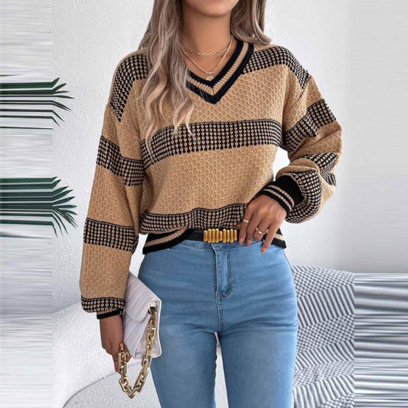 Bxsruta Sweaters for Women, Women's Color Blocked Knitted Top V-Neck Long Sleeve Blouses Pullover Fashionable Sweater