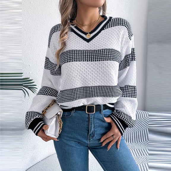Bxsruta Sweaters for Women, Women's Color Blocked Knitted Top V-Neck Long Sleeve Blouses Pullover Fashionable Sweater