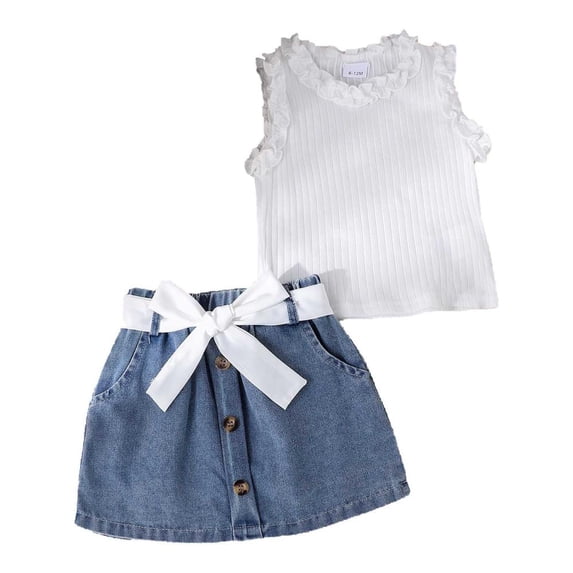 Bxsruta Toddler Girl Outfits, 1-4 Years Girls' Fashion Solid Color Round Neck Lace Sleeveless Tank Top Cowboy Skirt with Belt Skirt Set, White 60