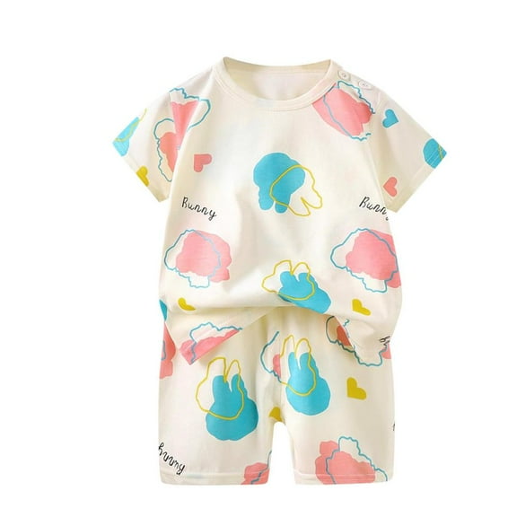 Bxsruta Toddler Girl Outfits, Summer Thin Round Neck Short Sleeved Set Home Clothes Two-piece Set Cute Printed T-shirt+shorts, White 2 Years