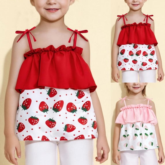 Bxsruta Toddler Girls 2-in-1 Strawberry Printed Tank Top Casual Sleeveless Blouse Soft Cotton Blend Summer T-shirt for Baby Kids