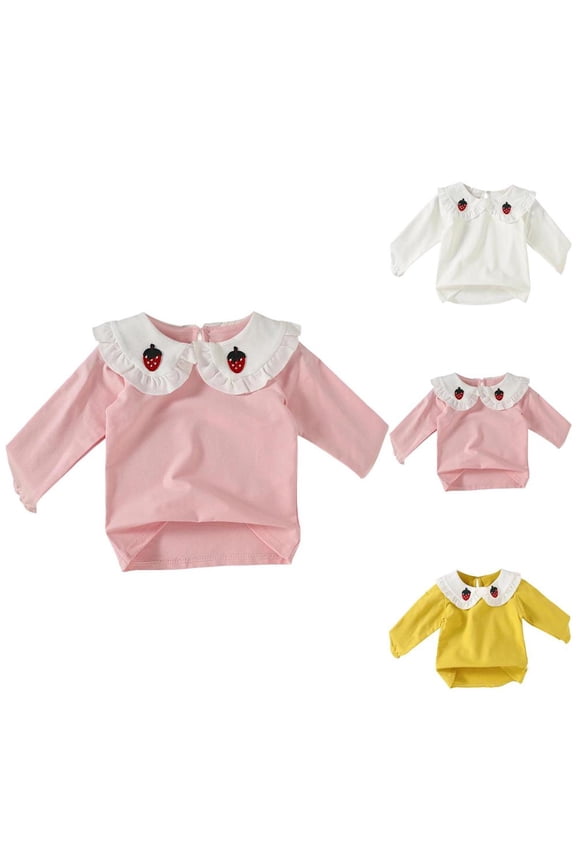 Toddler Girls Long Sleeve Pullover Blouse with Embroidered Strawberry Ruffle Collar Casual Top