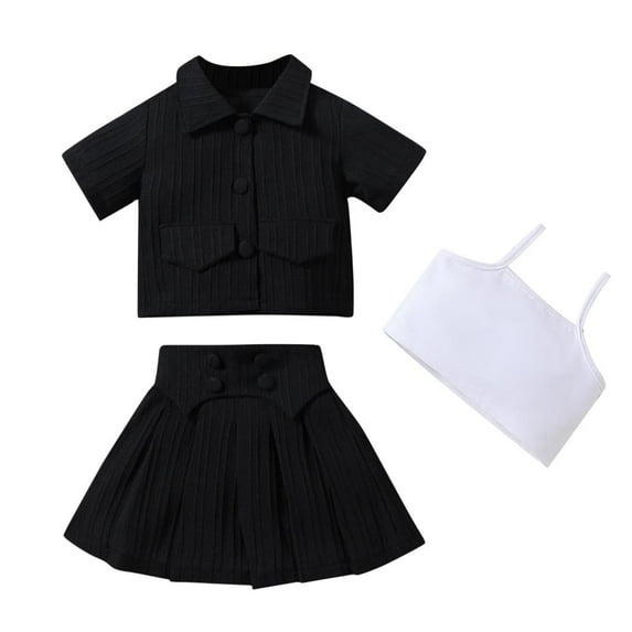 Bxsruta Toddler Outfits for Girls, Summer Girls Short Sleeve Jacket White Short Suspenders + Pleated Short Skirt Solid Color Three-piece Set, Black 2 Years