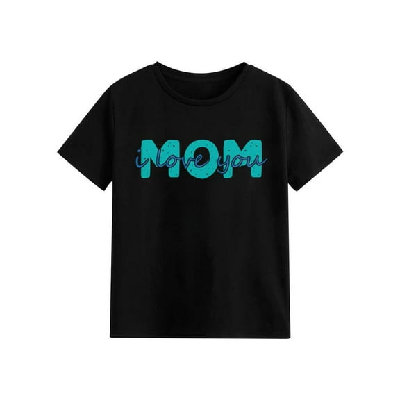 Bxsruta Toddler Shirts, Children's Mother's Day Printed Round Neck Short Sleeved Loose Casual T-shirt for Outerwear Short Sleeved Round Neck Top/shirt, Black 2 Years