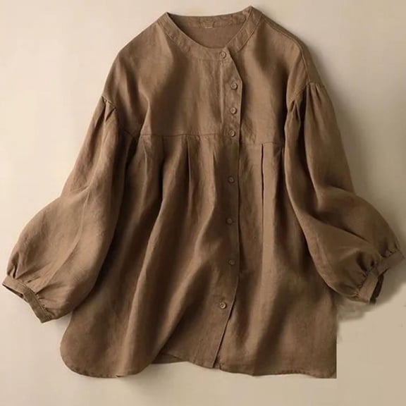 Bxsruta Tops for Women, Lantern Sleeve Linen Shirt Women's Long Sleeve Round Neck Blouse Natural Texture Casual Top