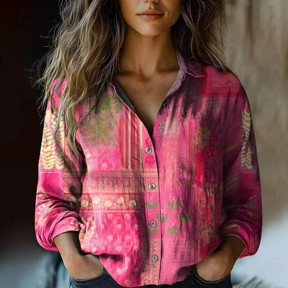 Bxsruta Tops for Women, Loose Printed Long Sleeve Imitation Linen Shirt Vintage Floral Button Casual Blouse