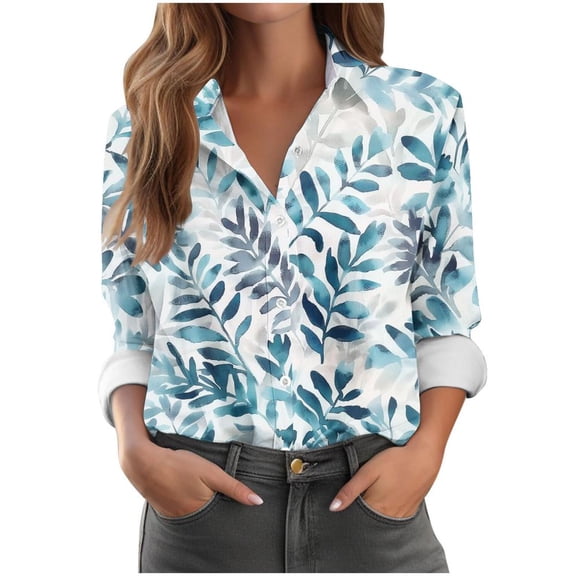 Bxsruta Tops for Women, Printed Lapel Button Up Long Sleeve Shirt Flowy Blouse Collar Design Stretch Fabric Relaxed Fit Soft Woven Feminine Top