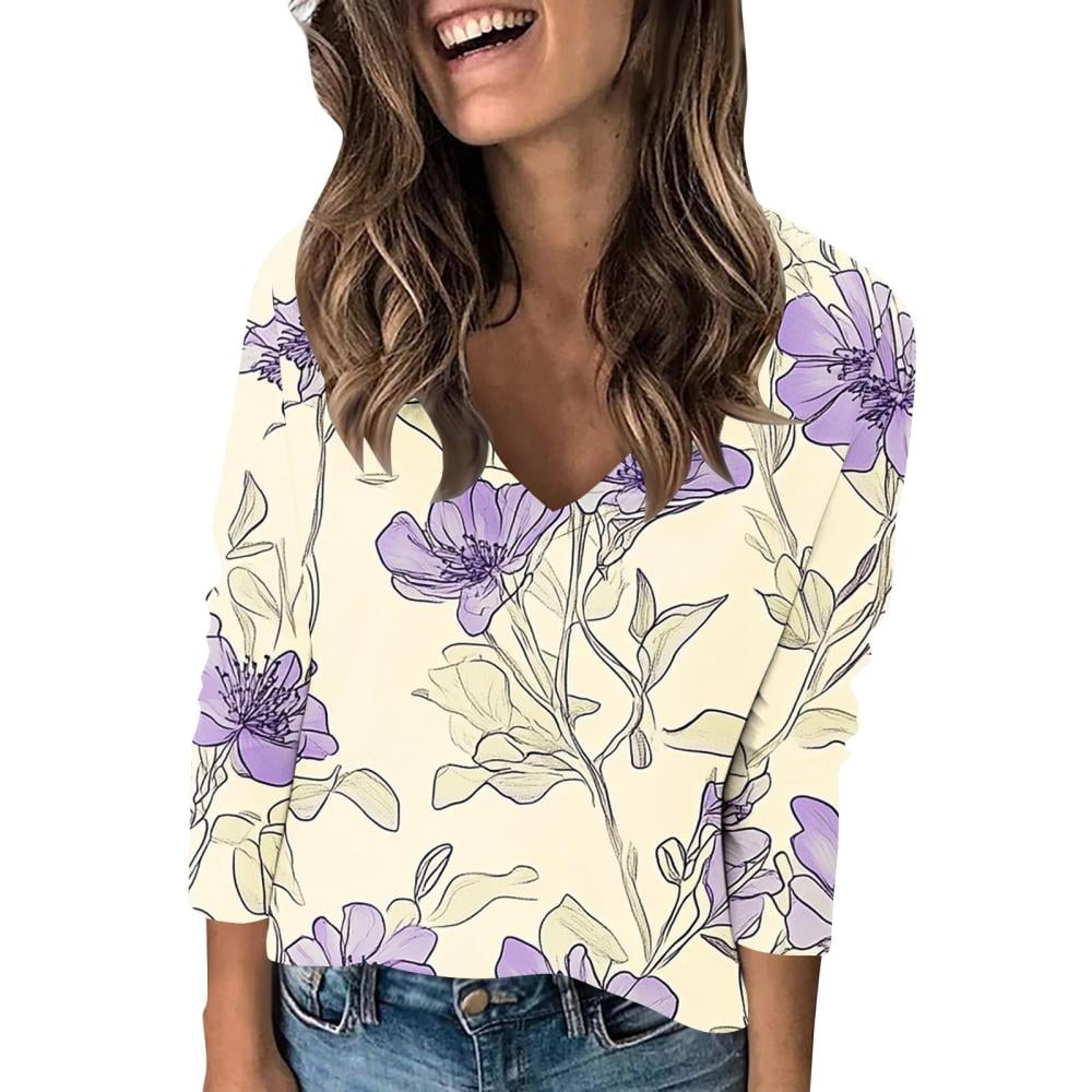 Bxsruta Tops for Women Women Floral Printed V Neck Long Sleeve Blouse Bxsruta Tops for Women Women Floral Printed V Neck Long Sleeve Blouse