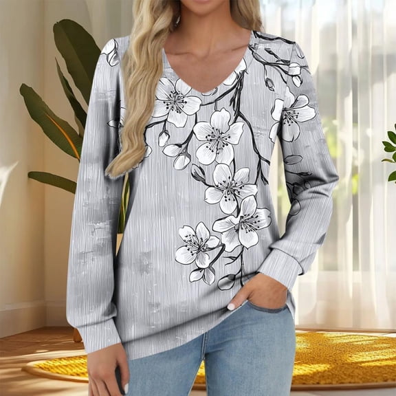 Bxsruta Tops for Women, Women's Blouses Printed V-Neck Drop Shoulder Long Sleeve Tunic Stretch Polyester Blend Comfort Relaxed Tops