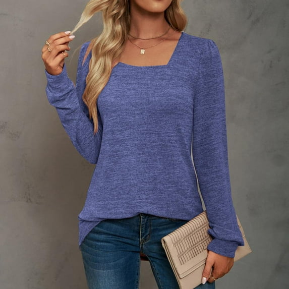 Bxsruta Tops for Women, Women's Blouses Square Neck Pleated Long Sleeve Shirt, Casual Loose Fit Top