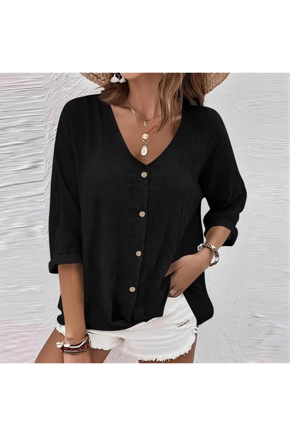 Tops for Women, Women's Buttoned V-Neck Long Sleeve Fitted Blouse Tailored Stretch Polyester Blouse