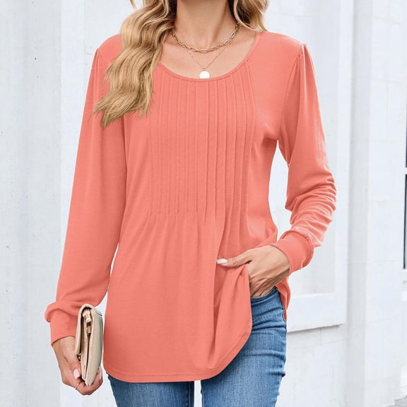 Bxsruta Tops for Women, Women's Casual Round Neck Long Sleeve T-Shirt, Loose Stretch Blouses