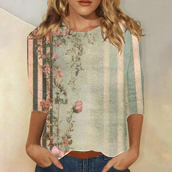 Bxsruta Tops for Women, Women's Lightweight Printed Round Neck Three-Quarter Sleeve Tunic Tee