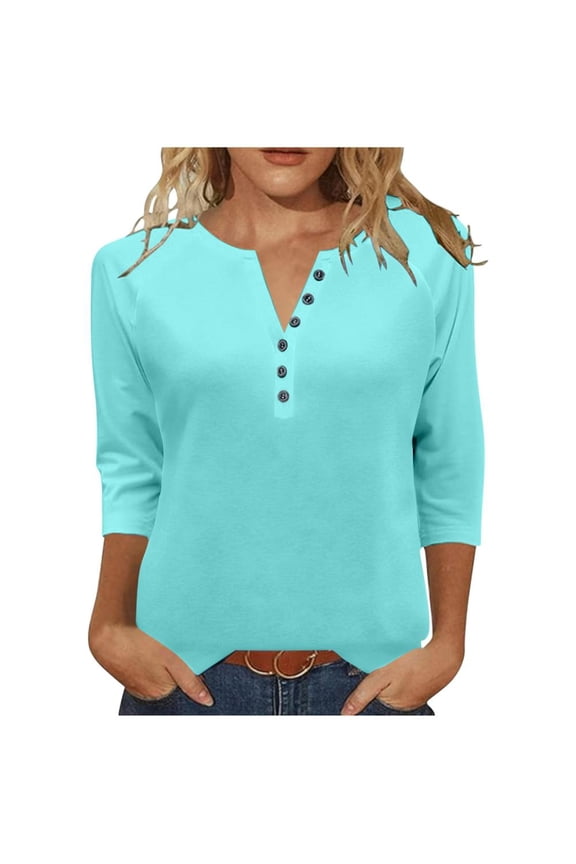 Tops for Women, Women's Raglan Sleeve Three Quarter Length Blouses, Button Front Comfort Fit Casual Top