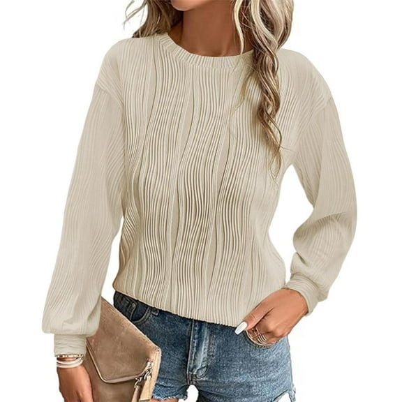 Bxsruta Tops for Women, Women's Relaxed Fit Knit Top, Textured Round Neck Long Sleeve Casual Blouses