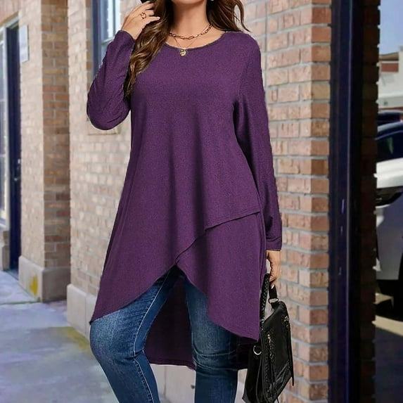 Bxsruta Tops for Women, Women's Round Neck Asymmetrical Hem Blouse, Solid Color Long Sleeved Pullover
