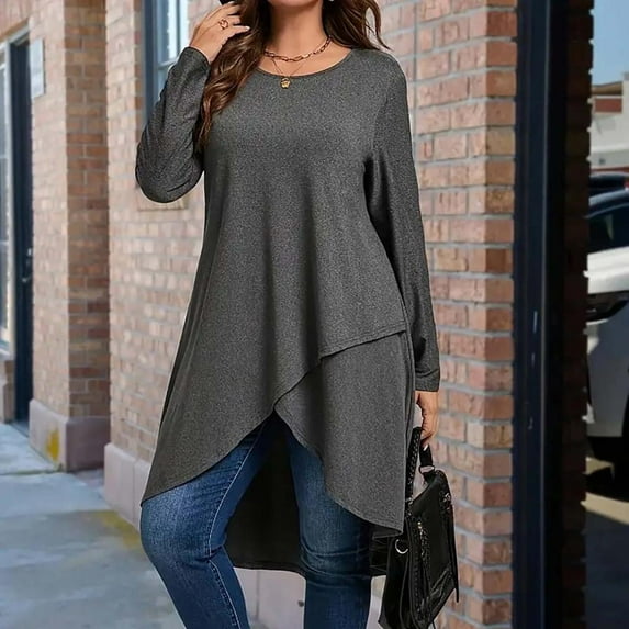 Bxsruta Tops for Women, Women's Round Neck Asymmetrical Hem Blouse, Solid Color Long Sleeved Pullover