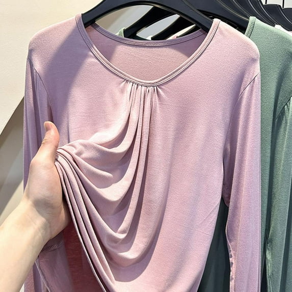 Bxsruta Tops for Women, Women's Solid Round Neck Modal Blend Layering Shirt, Soft Thin Long Sleeve Base Top